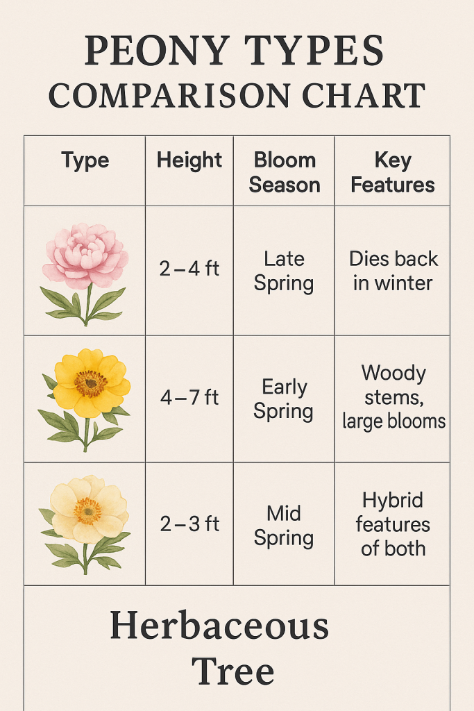 Comparison chart of herbaceous, tree, and Itoh peonies for gardeners